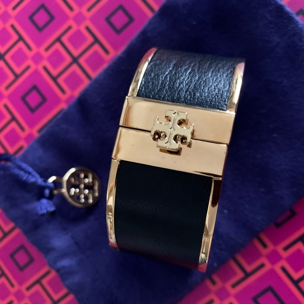 Tory Burch Black Leather Inlay Cuff Bracelet